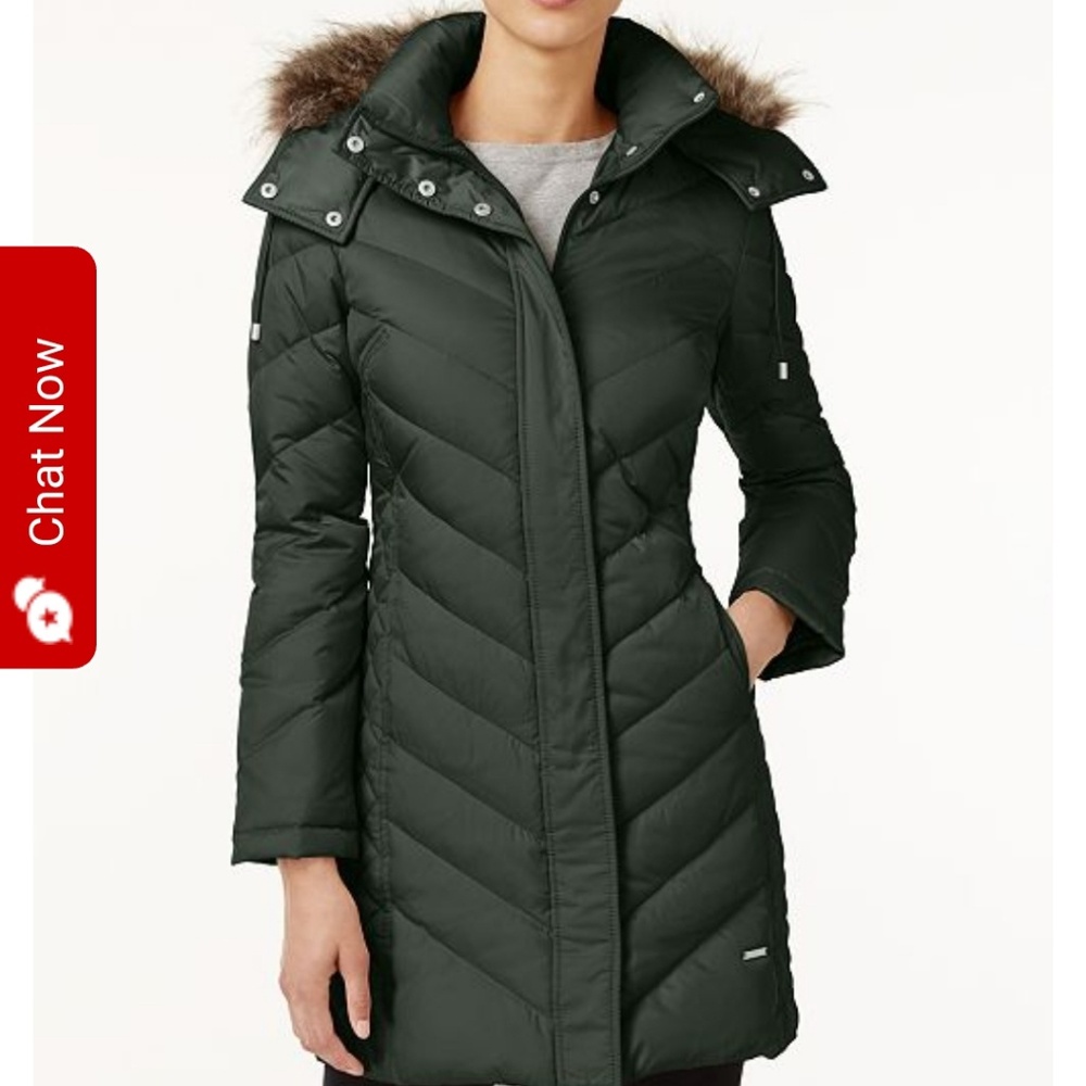 Kenneth Cole Faux Fur Trim Down Chevron Coat